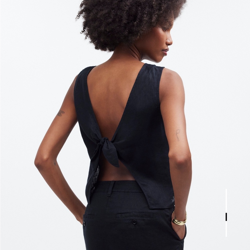 Madewell Black Sleeveless Tie Back Scoopneck Linen Tank Top - Picture 3 of 6